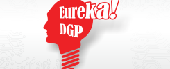 Czerwona głowa z żarówką i napisem "Eureka! DGP" na tle obwodów drukowanych.