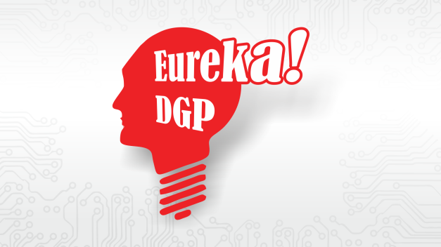 Czerwona głowa z żarówką i napisem "Eureka! DGP" na tle obwodów drukowanych.